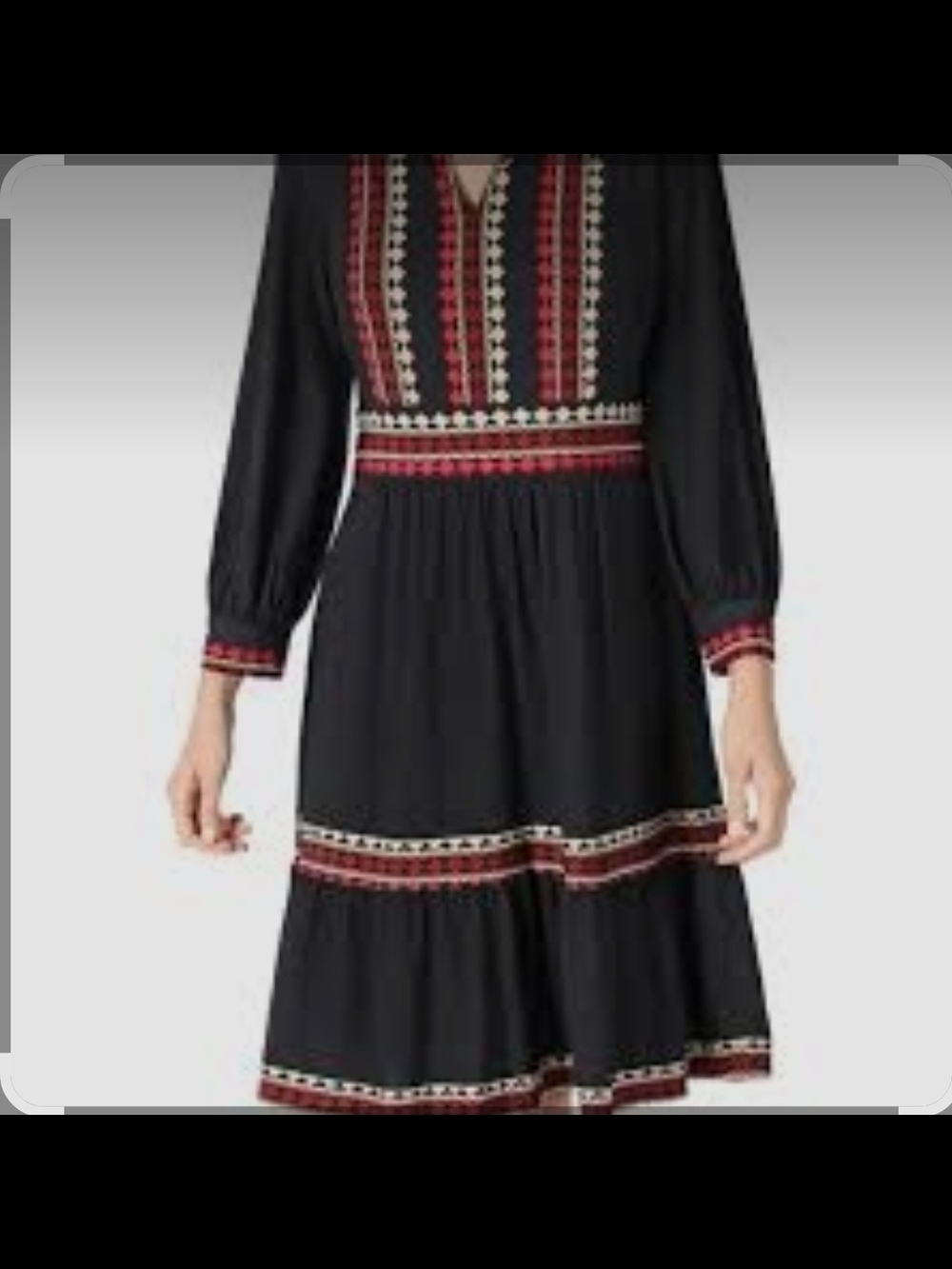 Black Embroidered Long-Sleeve Midi Dress with Red Accents